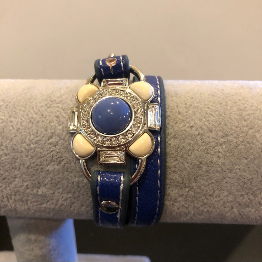 New Lia Sophia Bracelet Under Wraps blue leather double wrap w/ flower clasp